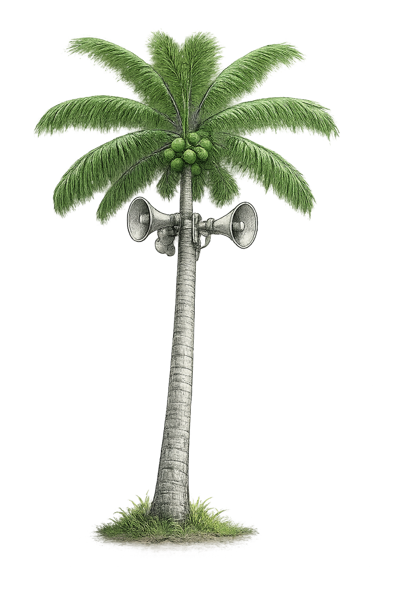 A coconut palm fitted with loudspeakers — voice from the tree
